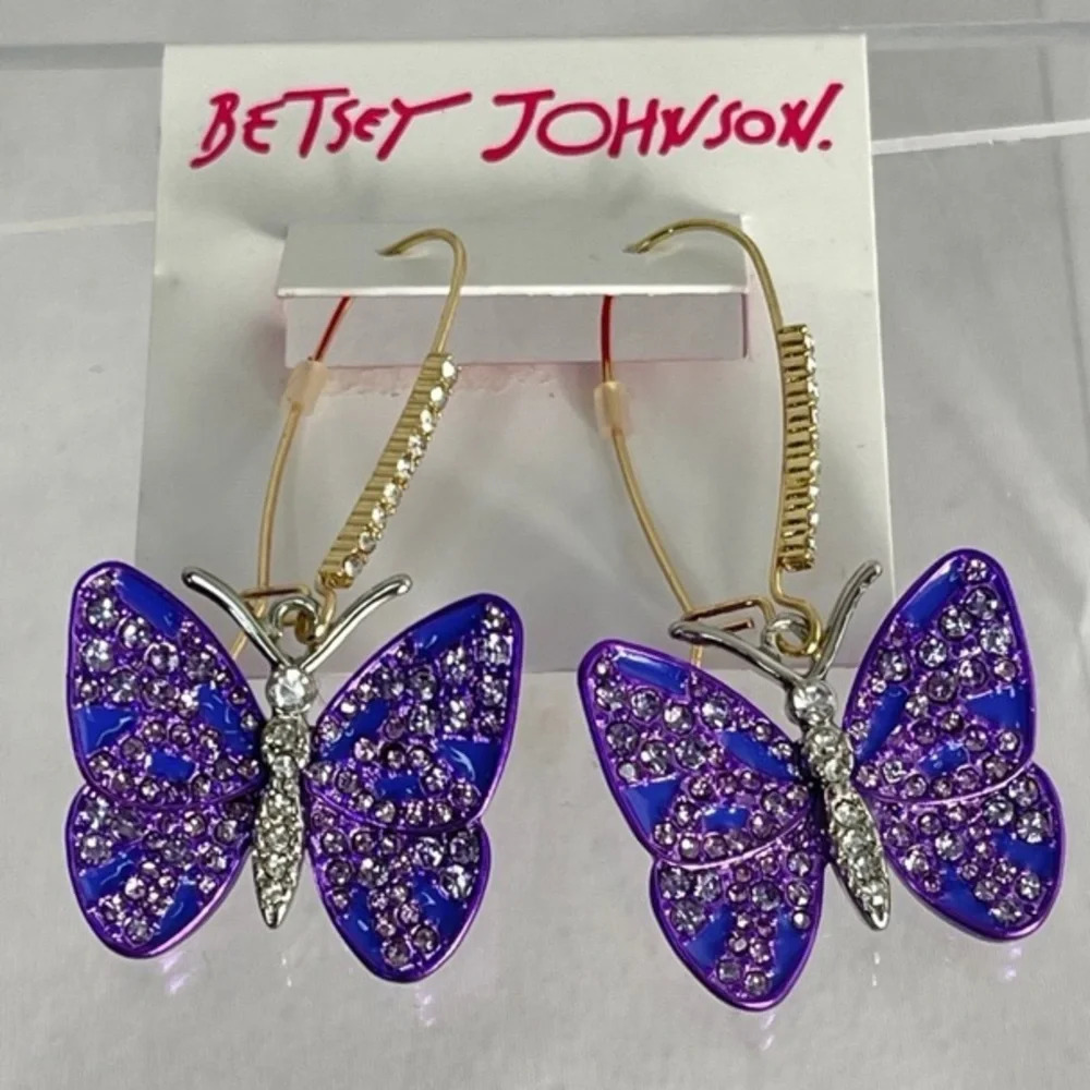 BETSEY JOHNSON Petal To The Metal Metallic Purple Butterfly Dangle Earrings NWT